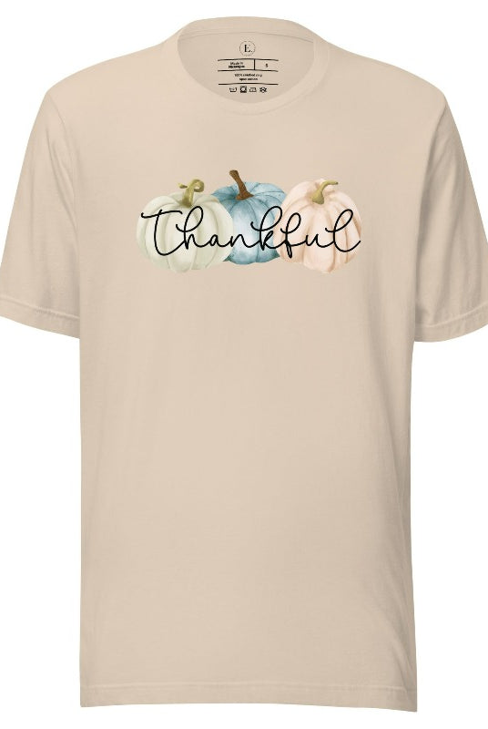 Express gratitude in style with our charming t-shirt. This design radiates autumn appreciation, featuring three pastel pumpkins and the word 'thankful' gracefully woven through the middle on a soft cream colored shirt. 