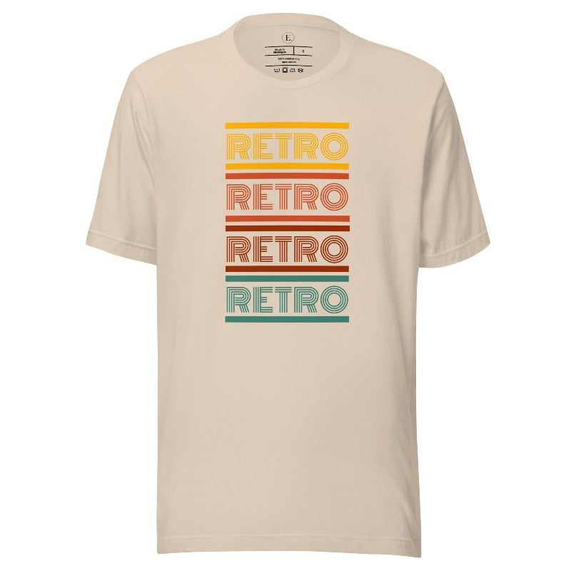 Step into the world of vintage fashion with our Retro Retro Retro Retro shirt. This stylish shirt proudly showcase the word 'retro' repeated four times, making a bold statement on a soft cream shirt. 