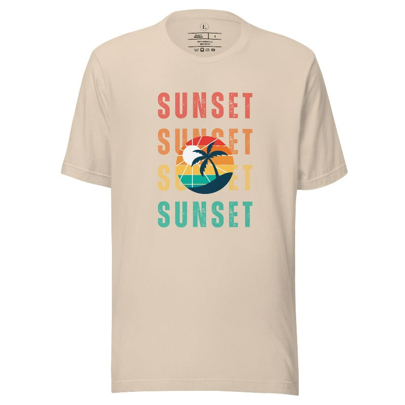 Capture the essence of tropical paradise with our Sunset t-shirt. Featuring four rows of the word 'sunset' surrounding a stunning palm tree on a soft cream shirt. 