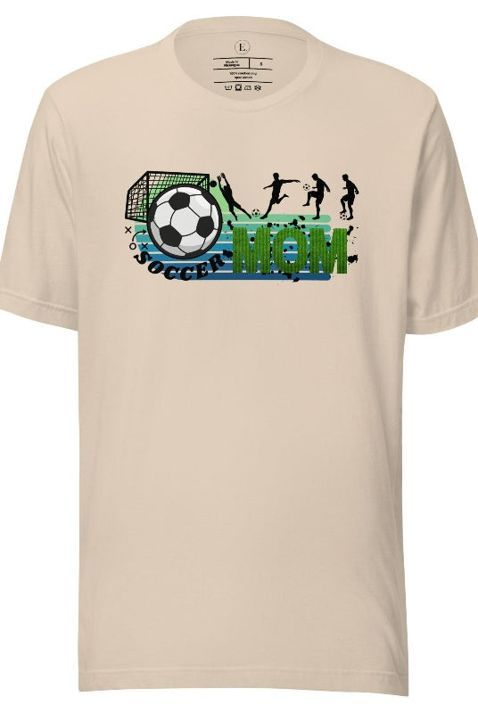 Support your soccer star on and off the field with our Soccer Mom t-shirt. Crafted with soft, breathable fabric, this shirt ensures comfort all day long. It's trendy design showcases your love for the game and your role as a proud soccer mom on a soft cream shirt. 