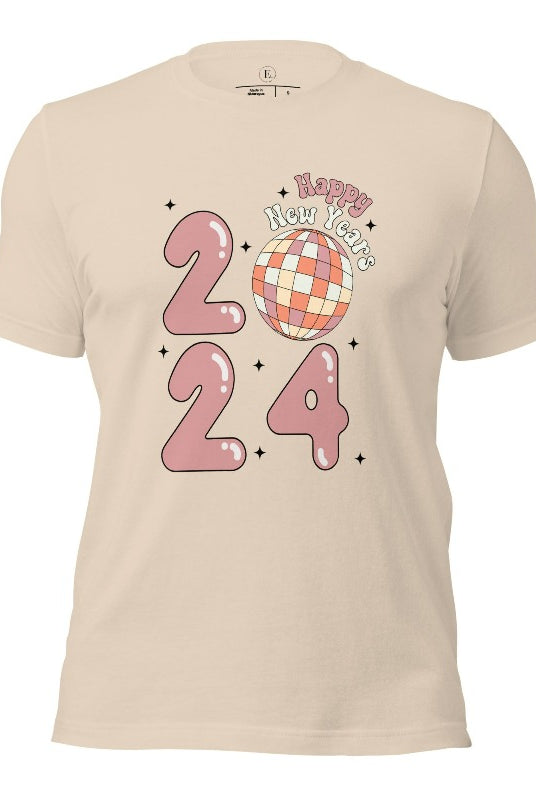 Step into the new year in dazzling style with our 'Happy New Year 2024' shirt. Featuring a shimmering disco ball as the '0' this eye catching design exudes festivity and fun on a soft cream shirt. 