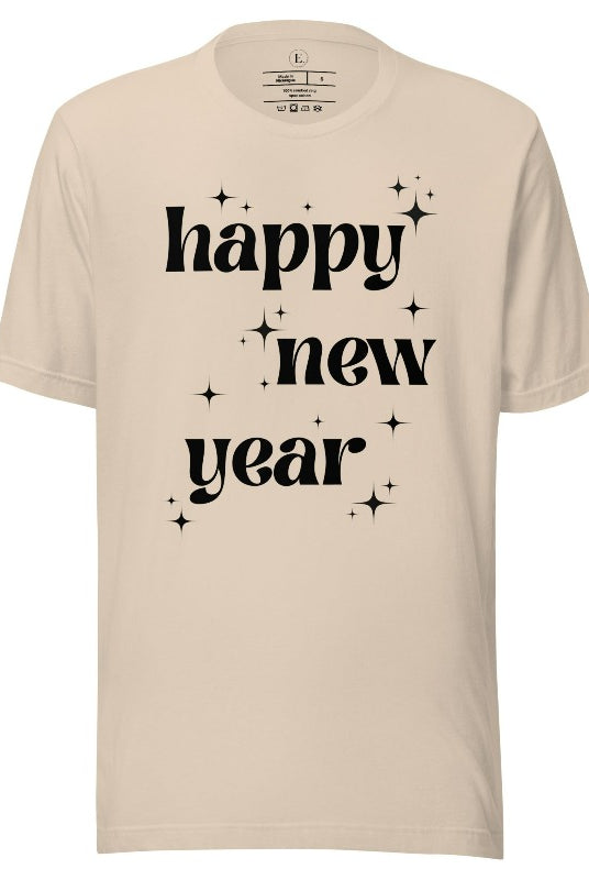 Ring in the New Year with our stunning Happy New Year shirt featuring captivating modern star designs on a soft cream shirt. 