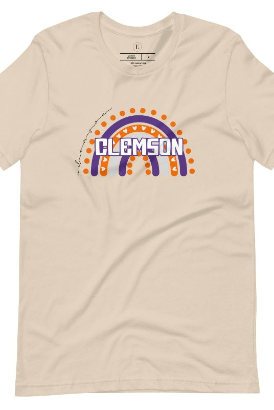 Celebrate your love for Clemson University with our colorful college t-shirt that showcases the beautiful Clemson colors that creates a stunning rainbow backdrop, with the schools name atop a cream shirt. 