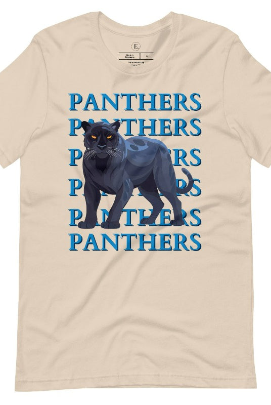 Show your Panthers pride with our Bella Canvas 3001 unisex graphic t-shirt featuring the dynamic 'Panthers Panthers Panthers Panthers' design, complete with a fierce black panther illustration on a soft cream shirt. 