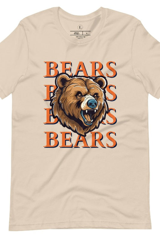 Roar into the game day spirit with our Bella Canvas 3001 unisex graphic tee! Unleash your love for the Chicago Bears with our exclusive design featuring a fierce bear illustration and the spirited mantra "Bears Bears Bears Bears" on a soft cream shirt. 