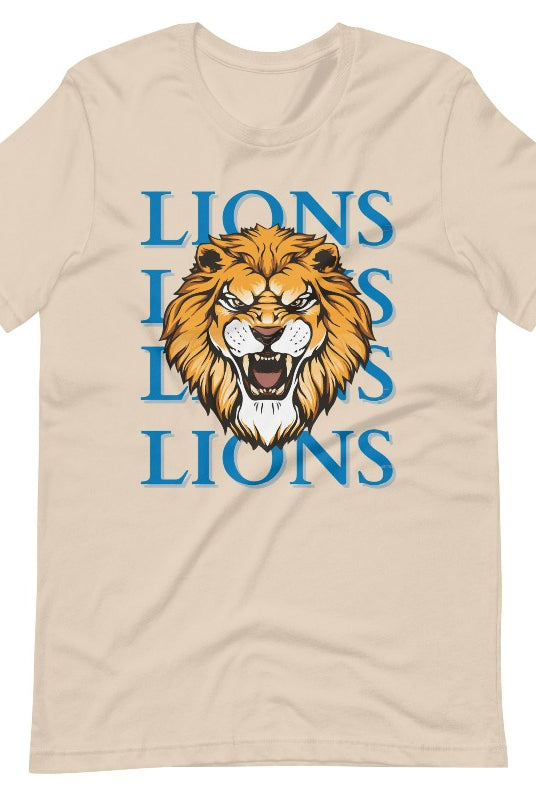 Roar in style with our Bella Canvas 3001 unisex graphic t-shirt featuring the "Lions Lions Lions Lions" design! Show your support for the Detroit Lions NFL football team with this bold soft cream tee.