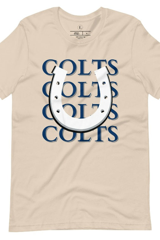 Horseshoe luck meets game day charm! Elevate your Colts pride with our Bella Canvas 3001 unisex tee featuring the spirited mantra "Colts Colts Colts Colts Colts" and a horseshoe illustration on a soft cream shirt. 