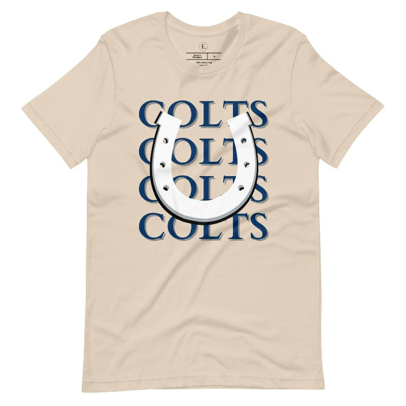 Horseshoe luck meets game day charm! Elevate your Colts pride with our Bella Canvas 3001 unisex tee featuring the spirited mantra "Colts Colts Colts Colts Colts" and a horseshoe illustration on a soft cream shirt. 