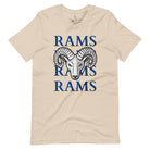 Unleash the Rams spirit with our Bella Canvas 3001 unisex tee! Elevate your game day style with the mantra 'Rams Rams Rams Rams' and a bold Rams head illustration on a soft cream shirt. 