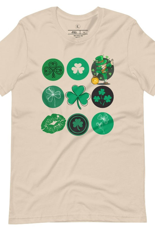 Celebrate Saint Patrick's Day in style with our Bella Canvas 3001 unisex graphic t-shirt! Get ready for the luckiest day of the year with our festive design featuring 3 rows of 3 vibrant and whimsical Saint Patrick's Day images on a soft cream colored shirt. 