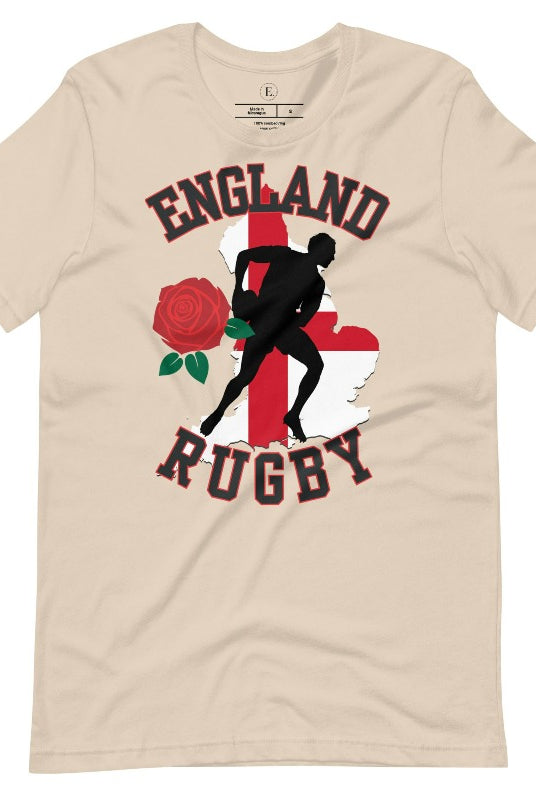 Introducing our England Rugby Graphic T-Shirt - the ultimate fusion of patriotism, rugby pride, and contemporary style! This captivating t-shirt features the words "England Rugby" and the iconic England flag artfully incorporated within the outline of the country, accompanied by a dynamic rugby player graphic on a soft cream colored shirt. 