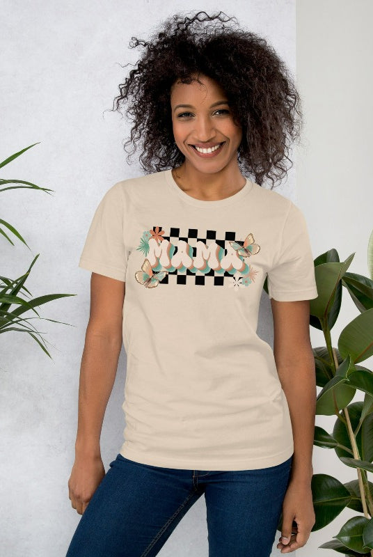 Cream Mama Graphic Tee with Checkered Background of Butterflies and Flowers | Mama Shirts, Mom Shirts