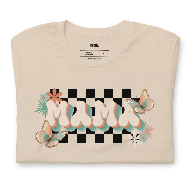 Tan Mama Graphic Tee with Checkered Background of Butterflies and Flowers | Mama Shirts, Mom Shirts