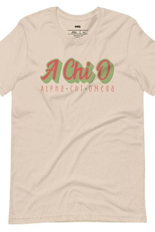 Stylish A Chi O Alpha Chi Omega graphic tee perfect for sorority shirts, featuring retro design and classic comfort. Tan Graphic Tee