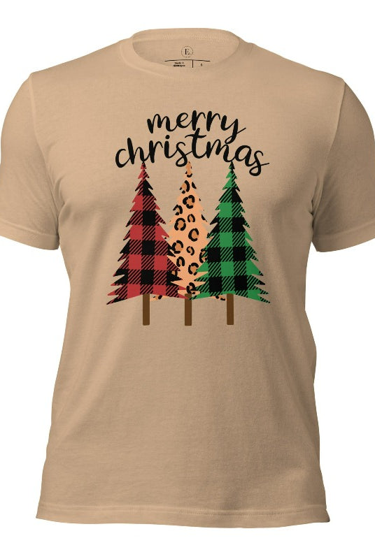 Get ready to unleash your wild side this Christmas with our unique shirt. This design is a bold and playful take on the holiday season, featuring three Christmas trees adorned with fierce cheetah print on a tan colored shirt. 