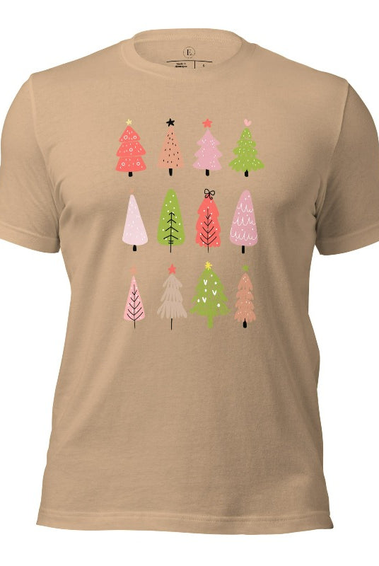 Upgrade your holiday fashion with our contemporary Christmas shirt. The shirt features three rows of multiple different modern Christmas trees in each row, creating a trendy and charming design on a tan colored shirt. 