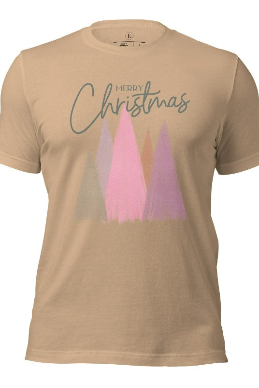 Merry Christmas modern minimalist pastel Christmas trees on printed on a tan shirt.