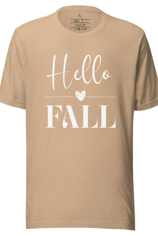 Hello Fall with heart between Hello and Fall graphic tee on a tan colored shirt.
