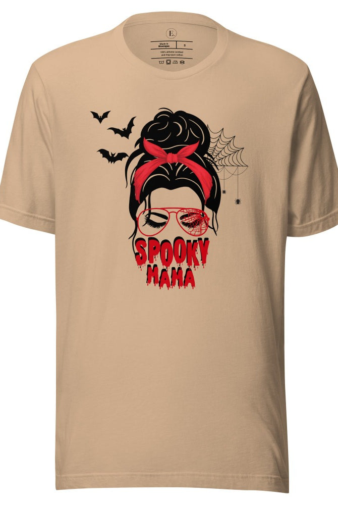 "Spooky Mama" messy bun Halloween T-shirt on tan colored t-shirt.