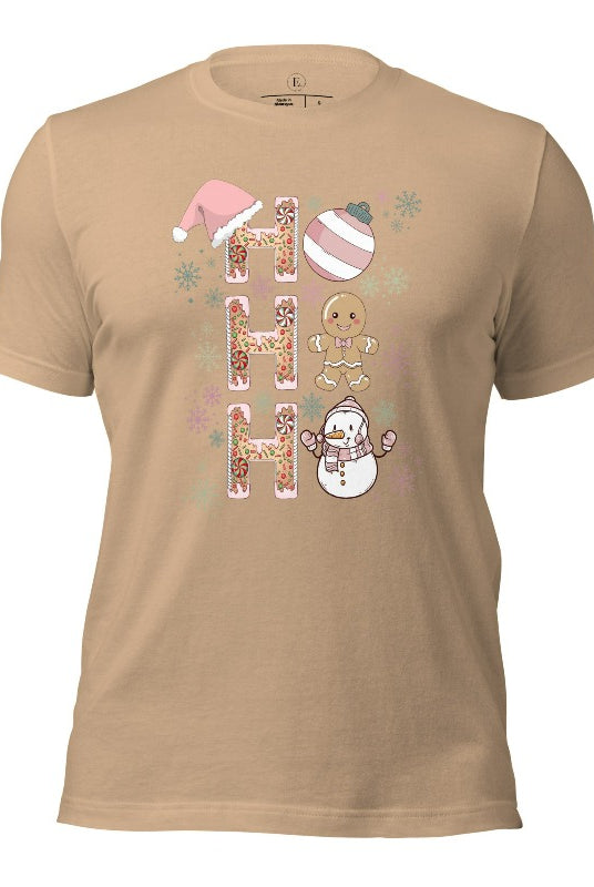 Add a whimsical touch to your holiday wardrobe with our gingerbread "Ho Ho Ho" Christmas shirt on a tan colored shirt.