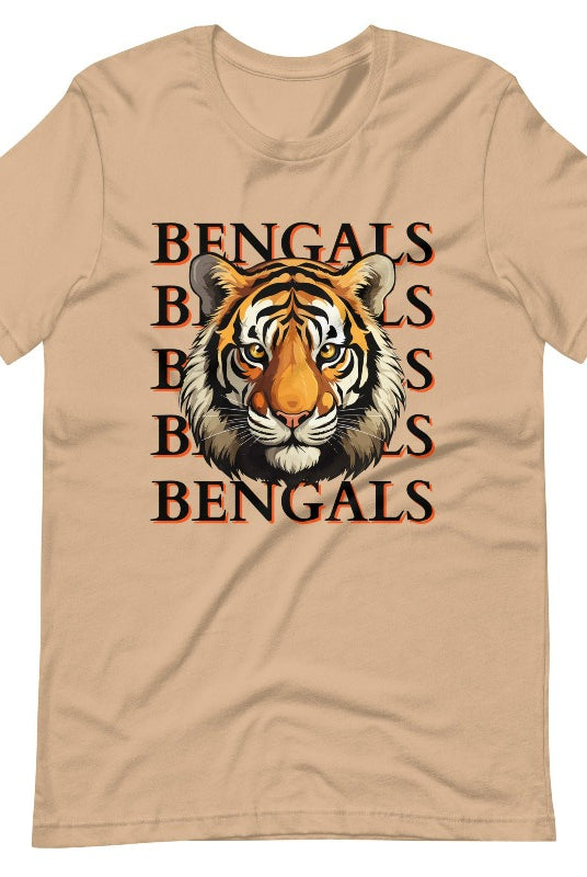 Our exclusive design features a fierce Siberian tiger face and the spirited mantra "Bengals Bengals Bengals Bengals." Unleash your inner roar with our comfortable Bella Canvas 3001 unisex graphic tee and show your stripes as a Cincinnati Bengals fan on a tan shirt. 