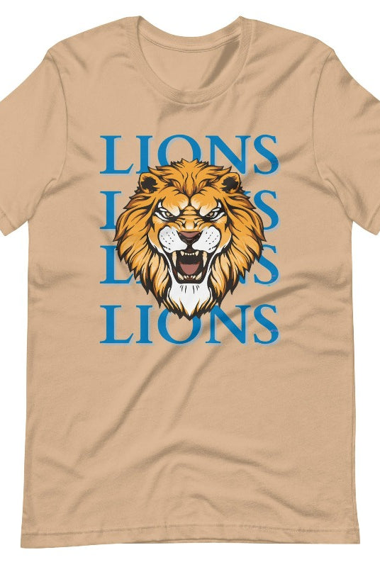 Roar in style with our Bella Canvas 3001 unisex graphic t-shirt featuring the "Lions Lions Lions Lions" design! Show your support for the Detroit Lions NFL football team with this bold tan tee.