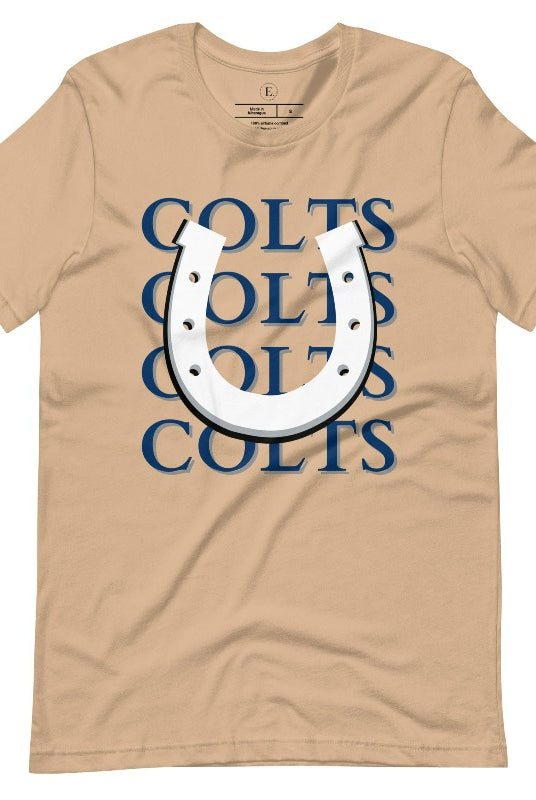 Horseshoe luck meets game day charm! Elevate your Colts pride with our Bella Canvas 3001 unisex tee featuring the spirited mantra "Colts Colts Colts Colts Colts" and a horseshoe illustration on a tan shirt. 