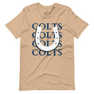 Horseshoe luck meets game day charm! Elevate your Colts pride with our Bella Canvas 3001 unisex tee featuring the spirited mantra "Colts Colts Colts Colts Colts" and a horseshoe illustration on a tan shirt. 