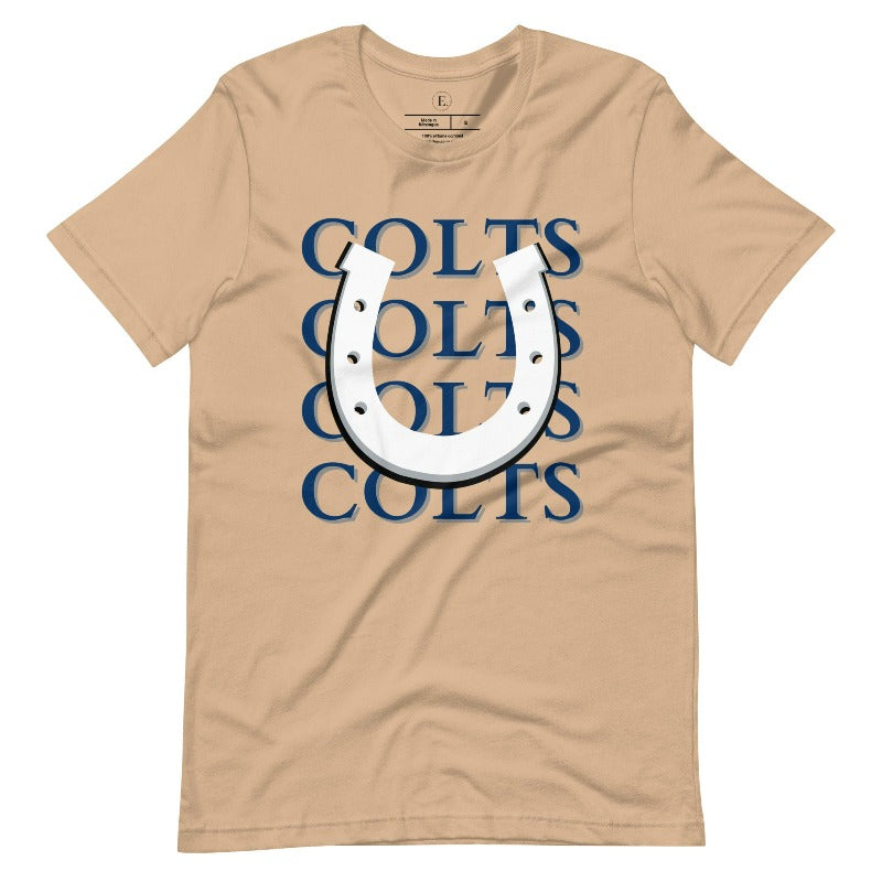 Horseshoe luck meets game day charm! Elevate your Colts pride with our Bella Canvas 3001 unisex tee featuring the spirited mantra "Colts Colts Colts Colts Colts" and a horseshoe illustration on a tan shirt. 