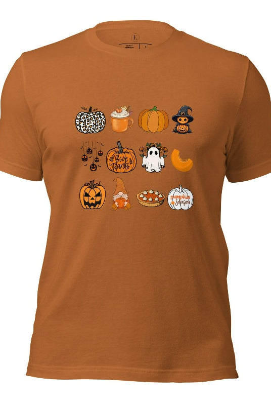Celebrate Halloween with our captivating pumpkin-themed shirt! This design is perfect for pumpkin enthusiasts and casual wear. Let the pumpkins take center stage on a toast colored shirt. 