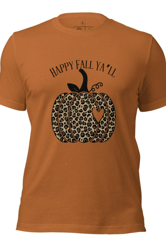 Get ready for fall with our adorable cheetah pumpkin shirt. Featuring a charming design of a cheetah pumpkin with a heart, it's the perfect blend of style and seasonal spirit. Spread the autumn cheer with the saying 'Happy Fall Ya'll' and embrace the coziness of the season on a toast colored shirt. 