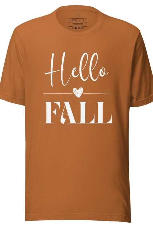 Hello Fall with heart between Hello and Fall graphic tee on a toast colored shirt.