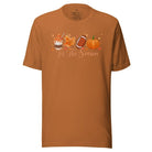 Tis the Season Fall Shirt! Fall Coffee, Fall Leaf, Football, Pumpkin on front chest of a toast colored shirt