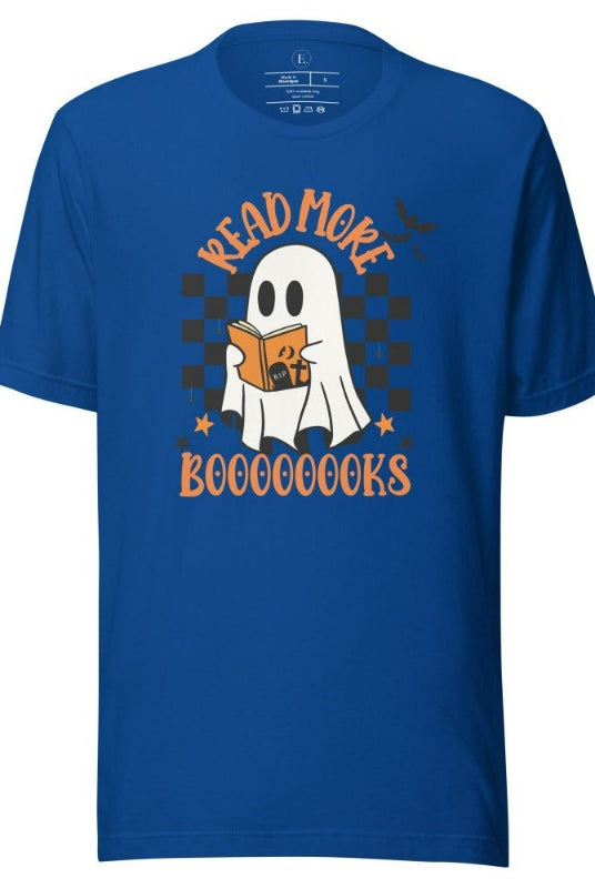 Read More Booooks is a ghost reading a book in front of a checkered background on a true royal blue colored shirt.