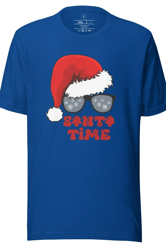 Gear up for the holiday season with our men's Christmas Shirt featuring a Santa hat, Christmas sunglasses on a true royal blue colored shirt. 
