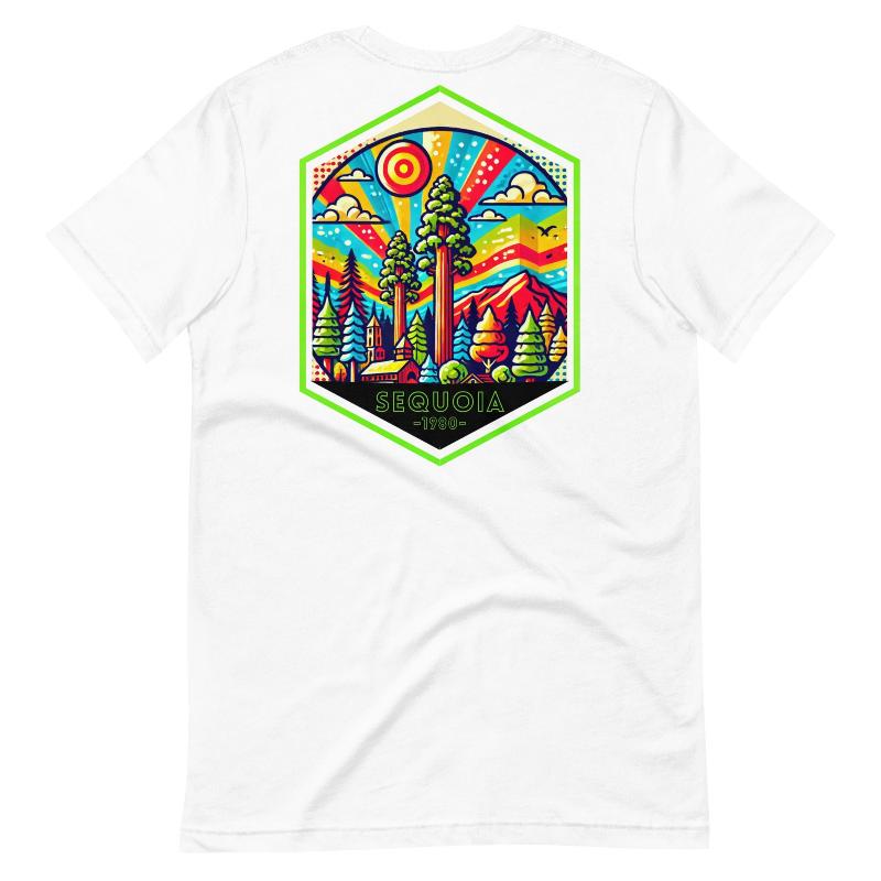 a colorful, detailed graphic of Sequoia National Park with the park's name and established year on the back, and a simplified text logo on the front on a white shirt.