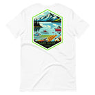 Back view of a black heather Bella + Canvas 3001 unisex shirt featuring a colorful design of Lake Clark National Park with mountains, lake, and wildlife. Inset shows the front view with "Lake Clark National Park | Alaska - 1980" text on a white shirt