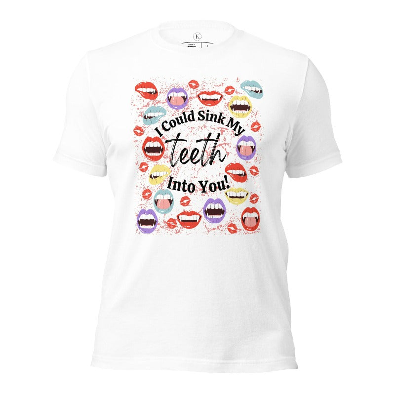 Sink your teeth into Halloween style with our vampire lips shirt. Adorned with a collection of seductive vampire lips, this shirt mesmerizes with its allure. The cheeky message, 'I could sink my teeth into you,' adds a playful twist on a white shirt. 