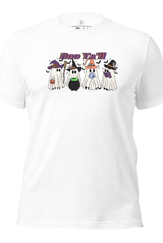 Embrace the spirit of Halloween with our spooktacular shirt. Join a mischievous gang of ghostly trick-or-treaters as they spread frightening fun. Featuring a playful 'Boo Ya'll' message, on a white shirt. 