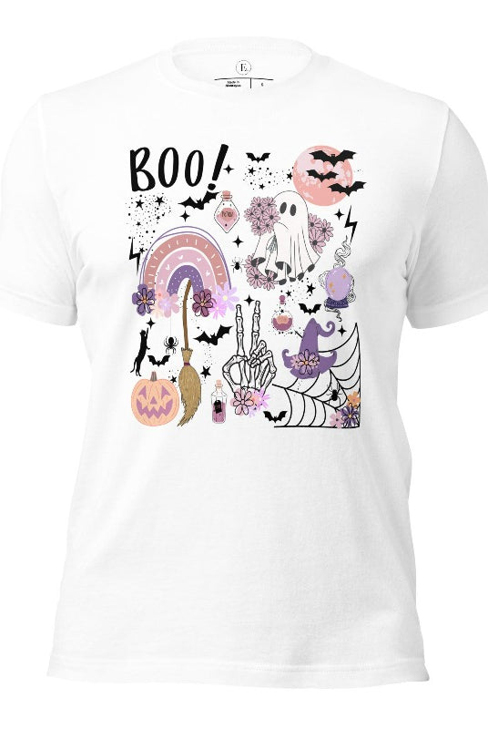 Experience the essence of Halloween with our bewitching shirt. Immerse yourself in a tapestry of Halloween symbols, from pumpkins to bats and witches, and all centered around the timeless exclamation, 'Boo!' This captivating design embodies the spirit of the season, on a white shirt. 