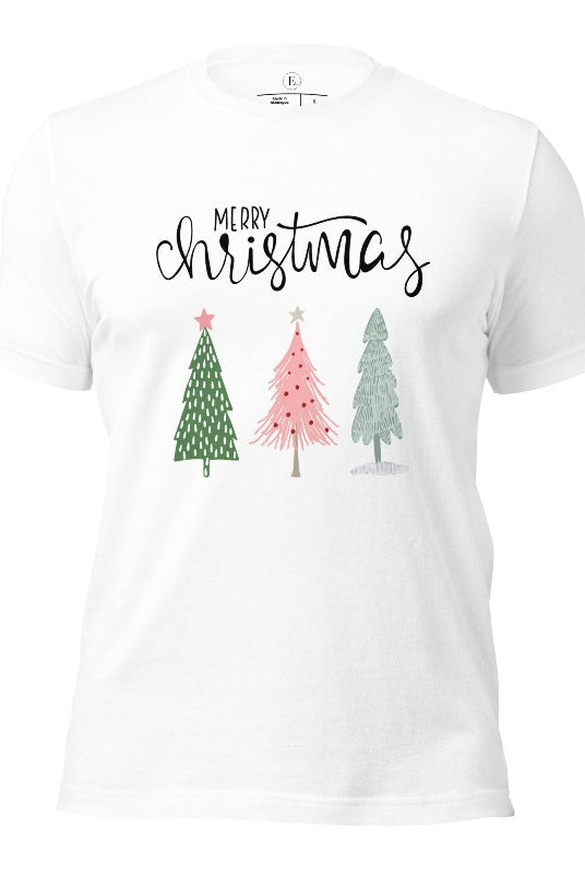 Elevate your festive wardrobe with our trendy shirt and make a chic statement this Christmas. The design features a stylish "Merry Christmas" message along with modern pink and teal Christmas trees on a white shirt.