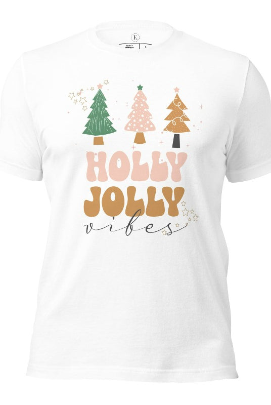 Get ready to feel the holly jolly vibes with our Christmas shirt! This festive shirt features a playful message that reads "Holly Jolly Vibes" and is adorned with cheerful Christmas trees, radiating the holiday cheer on a white shirt.