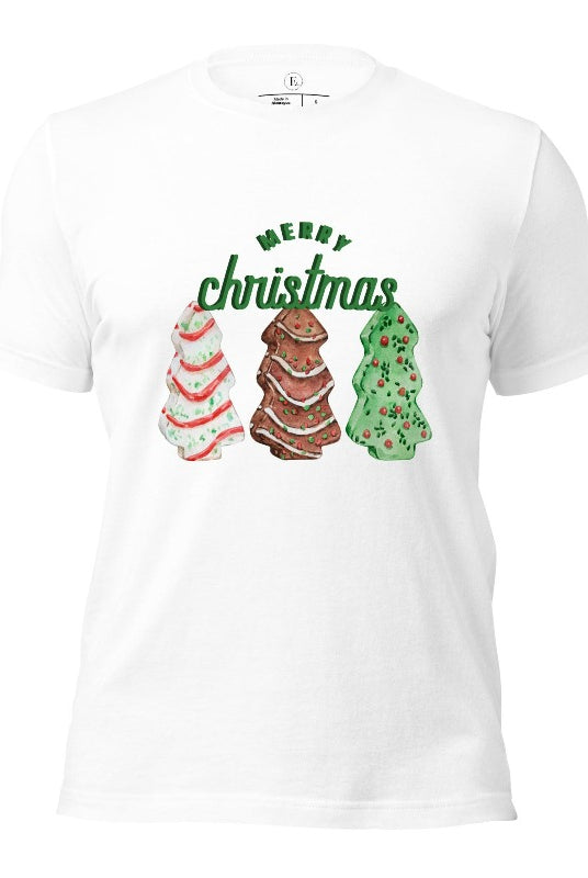 Relive the nostalgia of your childhood with our Christmas shirt that features the beloved classic Christmas tree cookies on a white shirt.