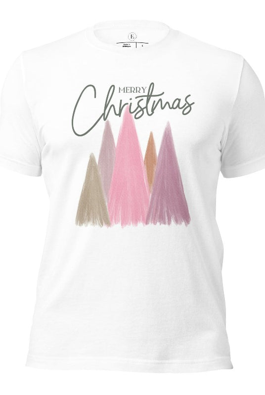 Merry Christmas modern minimalist pastel Christmas trees on printed on a white shirt.