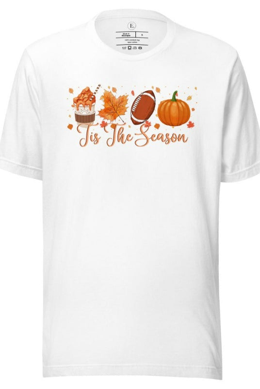 Tis the Season Fall Shirt! Fall Coffee, Fall Leaf, Football, Pumpkin on front chest of a white colored shirt