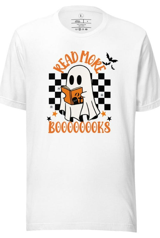 Read More Booooks is a ghost reading a book in front of a checkered background on a white shirt.