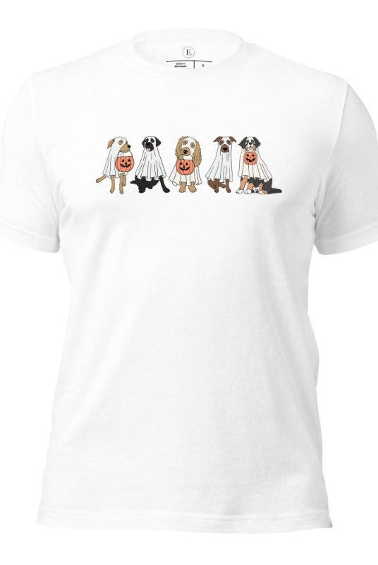 5 dogs dressed as ghost getting ready to trick or treat on a white colored t-shirt.