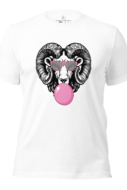 A ram blowing bubble gum with sunglasses on on a white colored shirt.