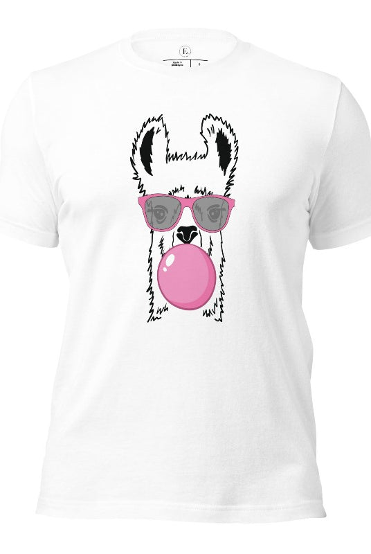 Llama wearing pink sunglasses blowing a bubble gum bubble on a white colored shirt.