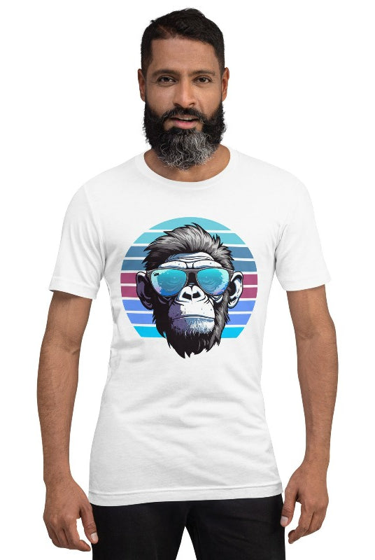 Hyper-realistic gorilla wearing sunglasses with a retro blue horizon behind on a white colored shirt.